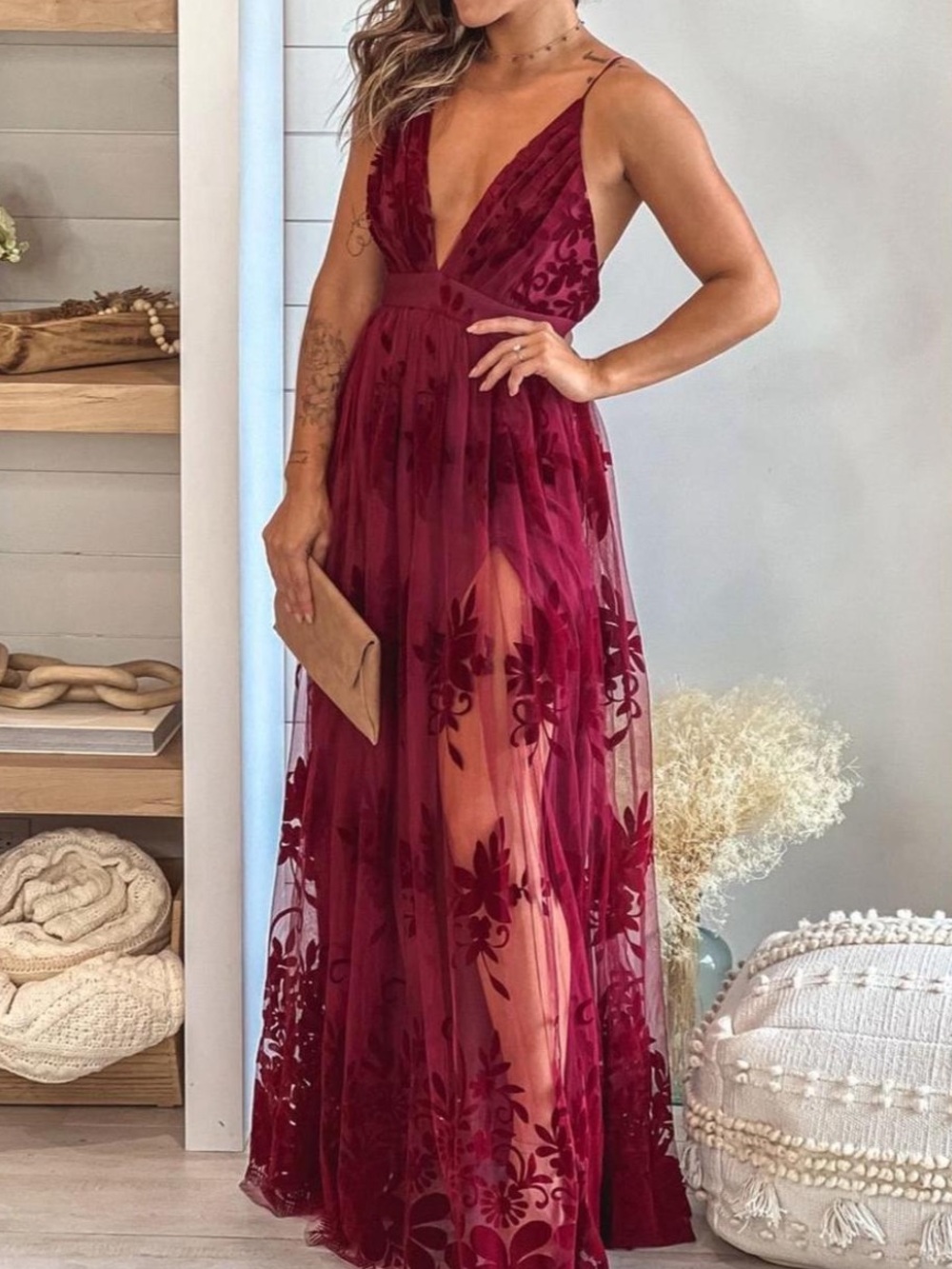 Luxxel Burgundy Floral Mesh Maxi Dress with Deep V